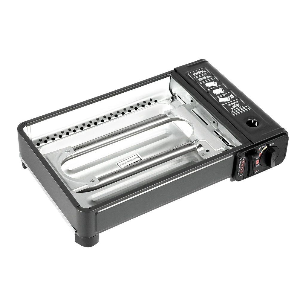 Portable Butane Gas Grill Stove Dual Inlets Adjustable Firepower with Carrying Case Grill Net for Camping Outdoor Use