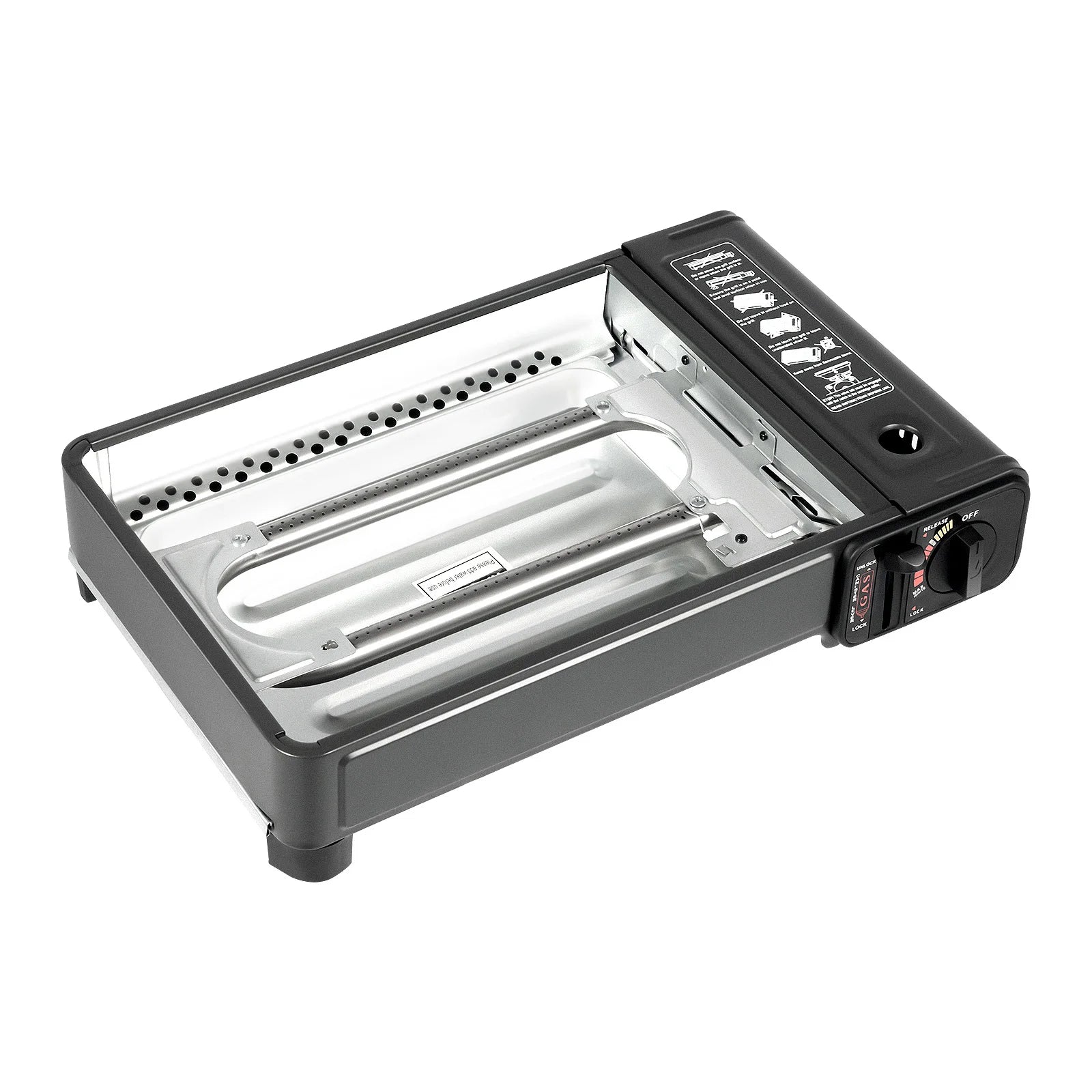 Portable Butane Gas Grill Stove Dual Inlets Adjustable Firepower with Carrying Case Grill Net for Camping Outdoor Use