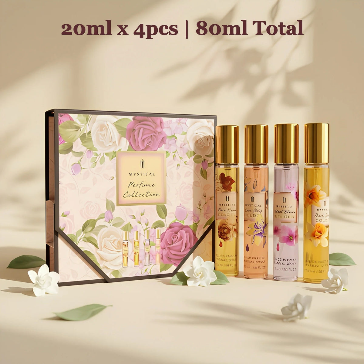 MYSTICAL 4pcs Satin Bloom Perfume Variety Gift Set, Long Lasting EDP Fragrance Selection for Garden Brunch, Weddings & Parties, Sweet Cherry, Damascus Rose & Gardenia, 0.68oz X 4 Portable Sprays, Luxury Beauty Fragrance Wardr