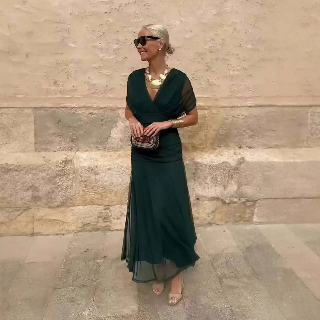 Women Solid Deep V-neck Mesh Long Dress Elegant Puff Short Sleeve Ruched Waist High Vestidos 2026 Summer Lady Casual Street Robe