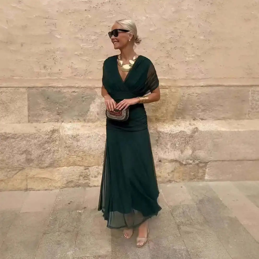 Women Solid Deep V-neck Mesh Long Dress Elegant Puff Short Sleeve Ruched Waist High Vestidos 2026 Summer Lady Casual Street Robe