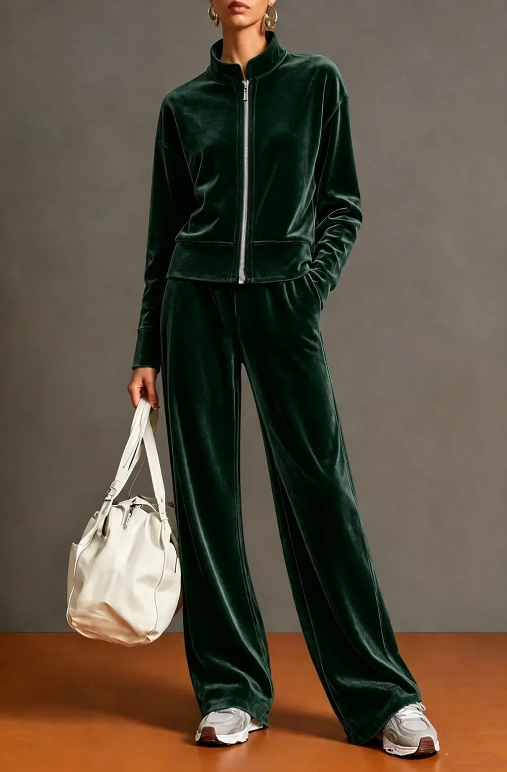 Women Solid Color Velvet 2 Piece Set Stand Collar Full Zip Jacket Wide Leg Pant Casual Sport Matching Outfit Autumn Winter Set