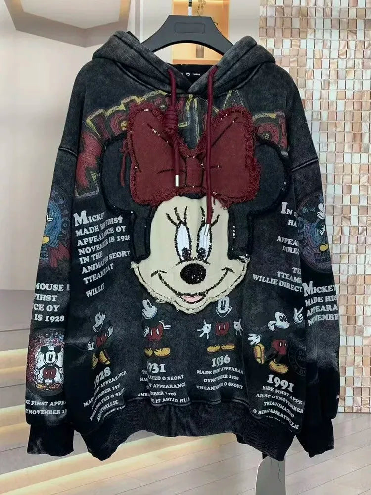 European and American new fashion heavy industry embroidery cartoon print loose hooded sweatshirt T-shirt for both men and women