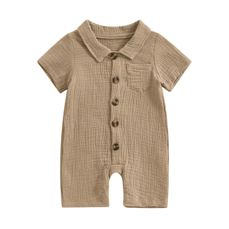 Summer Baby Clothing Newborn Infant Baby Boys Rompers Cotton Linen Solid Color Short Sleeve Lapel Jumpsuit Outfits