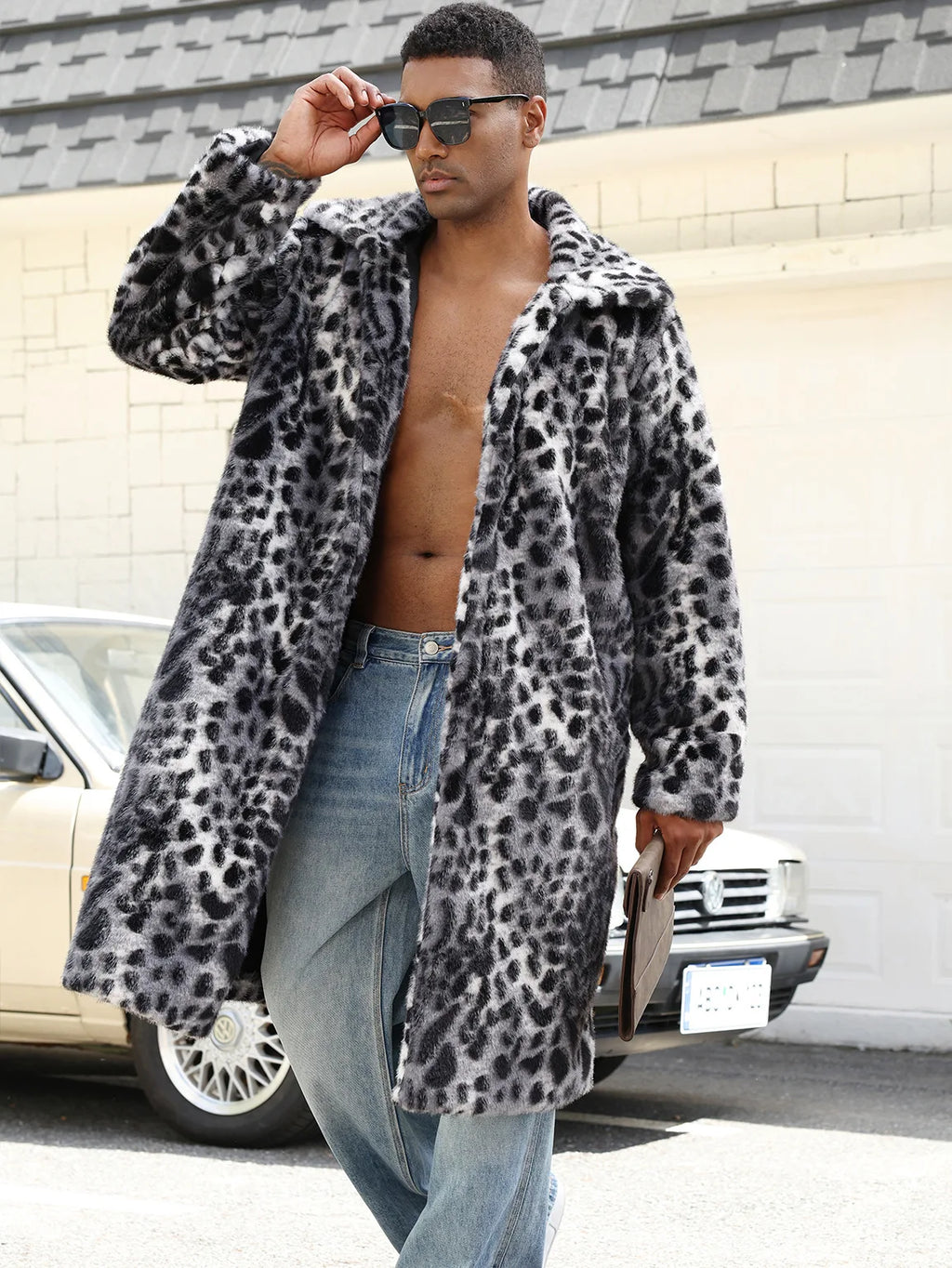 Men Faux Fur Coats Leopard Jackets Color Blocked Turn Down Collar Long Sleeve Single Breasted Straight Casual 2025 Autumn Winter