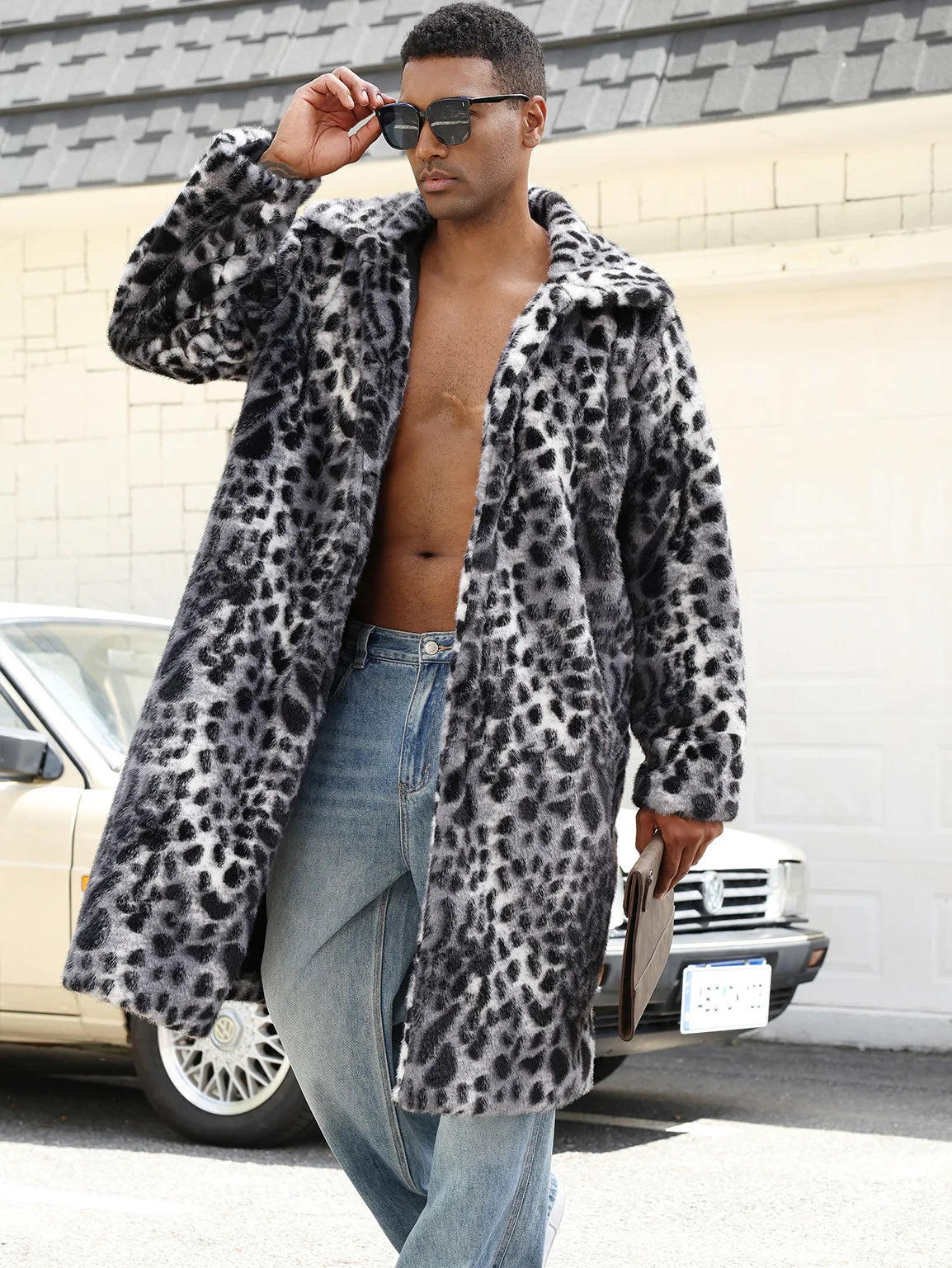 Men Faux Fur Coats Leopard Jackets Color Blocked Turn Down Collar Long Sleeve Single Breasted Straight Casual 2025 Autumn Winter