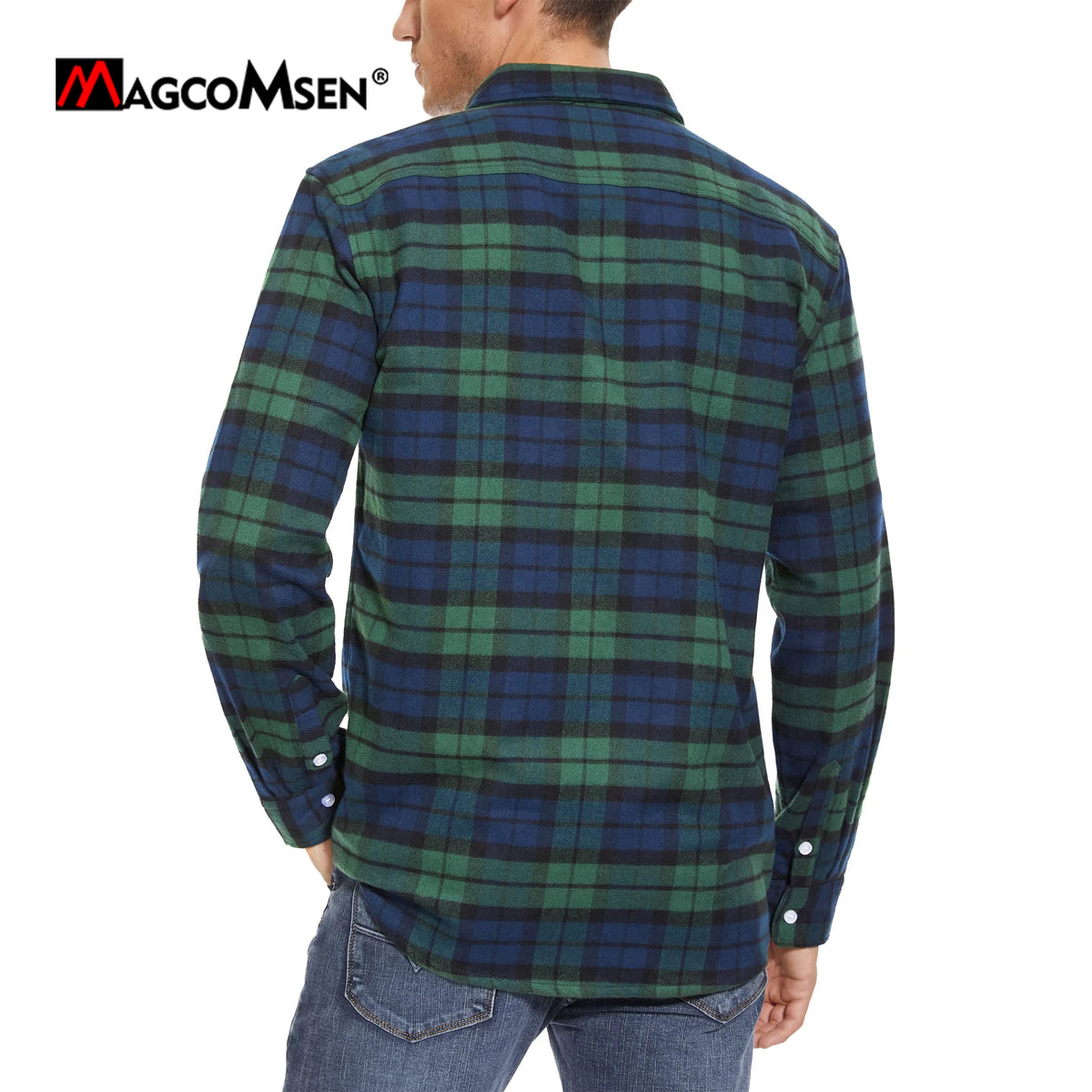 MAGCOMSEN Autumn Windproof Men's Flannel Shirt Warm Long Sleeve Casual Plaid Shirts with Two Chest Pockets