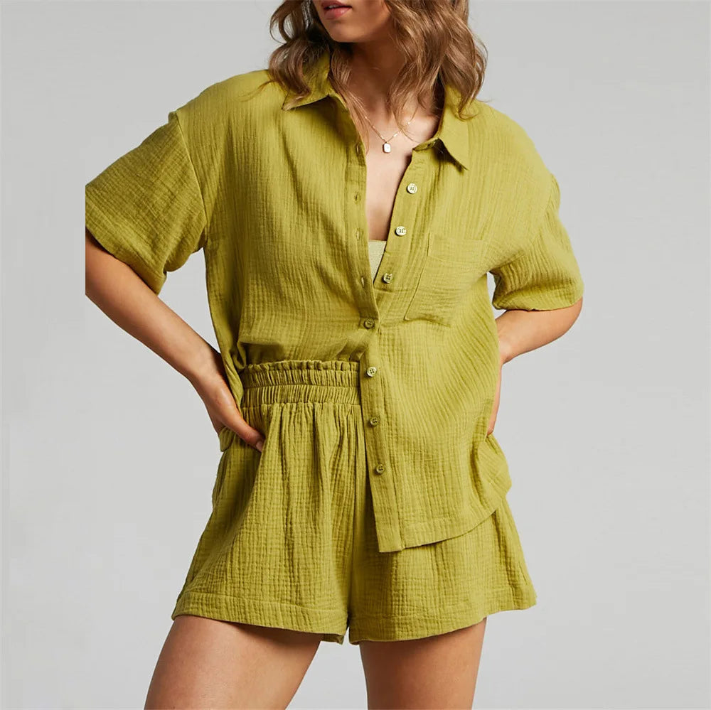 Summer Two Piece Set Women Shorts Suit Green Lapel Long Sleeve Shirts Sets Female Elegant Casual High Waist Pants Lady Outfits