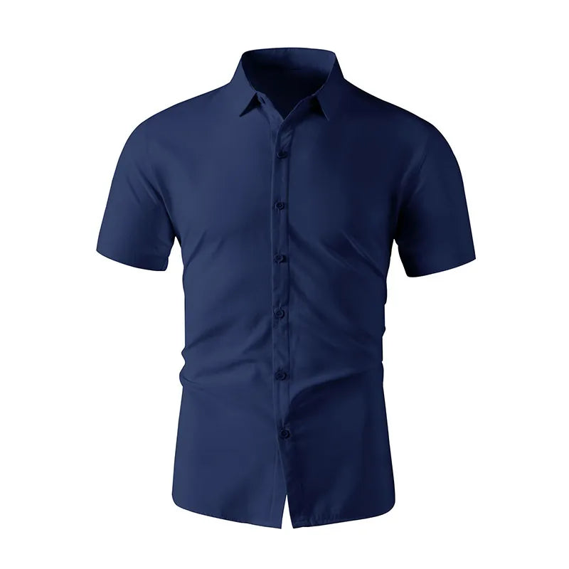 Casual Light Blue Short Sleeve Button Up Shirt for Men Versatile Collared Dress Shirt for Spring & Summer