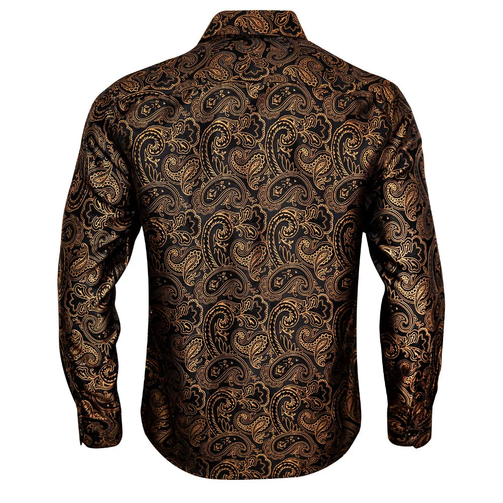 Gold Paisley Bright Shirts Men Autumn Long Sleeve Casual Flower Shirts For Men Designer Fit Dress Shirts BCY-07