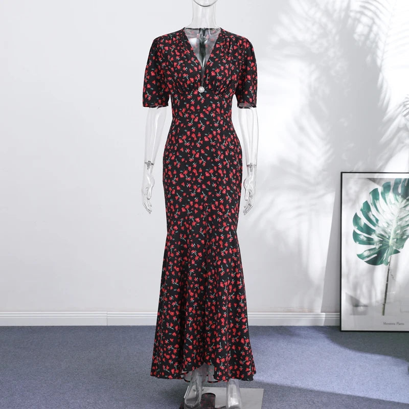 Slim Printed Waist-cinching Fishtail Dress 2026 Summer New Ladies Sexy V-neck Short Sleeve Split Long Robes Women's Party Gowns