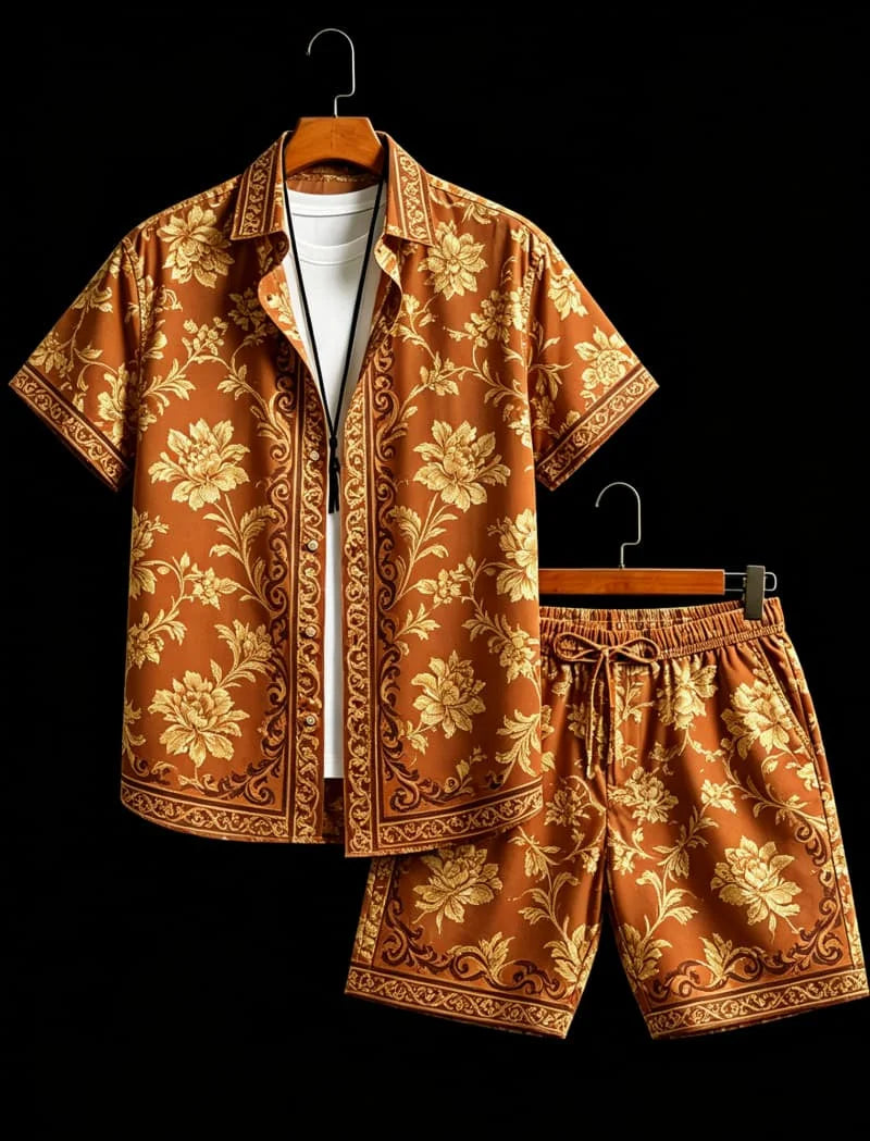 Men's Baroque Retro Printed Vacation Shirt set, Suitable For Beach Vacations And Luxurious Retro Style Outfits