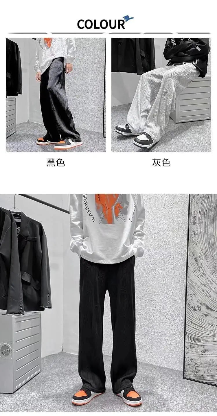 Summer Korean Fashion Simple Ice Silk Wide Leg Pants Men Solid Elastic Waist Pockets Thin High Street Loose Straight Trousers