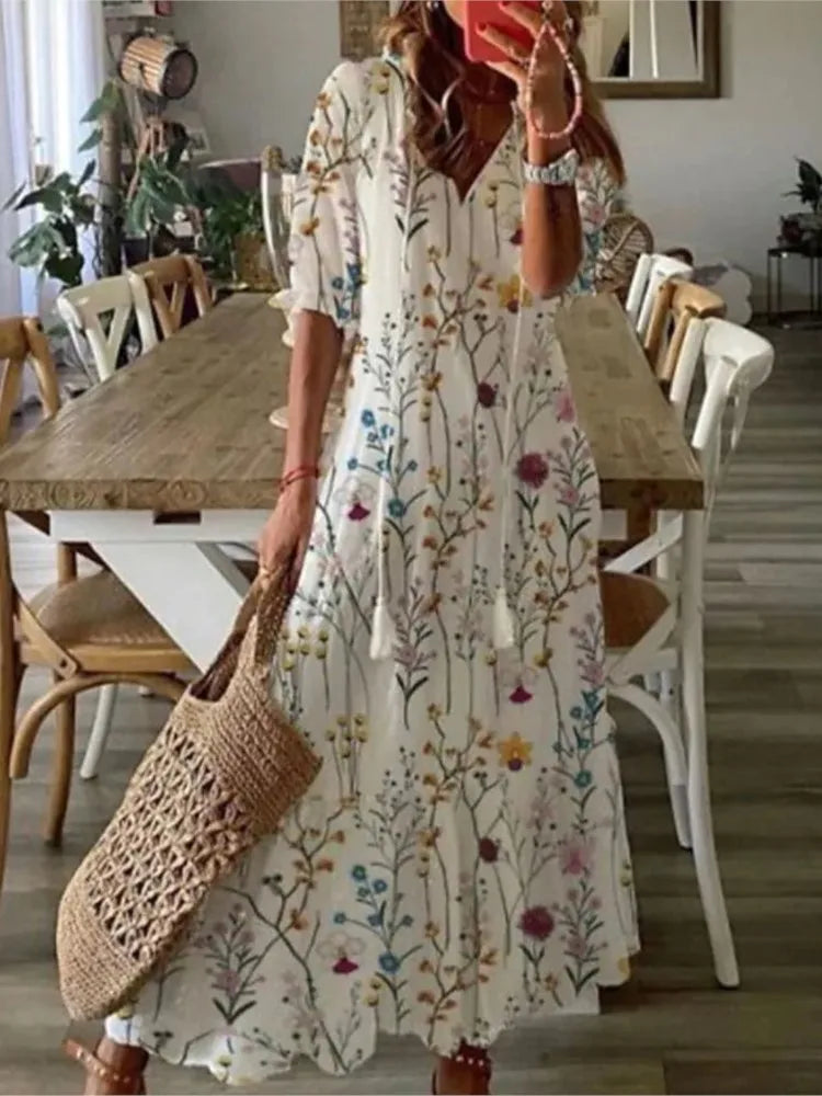 FALL Summer New 2026 Women's Casual Sweet Loose Sexy V-neck Drawstring Fashionable Printed Long Sleeved Boho Bohemian Dresses