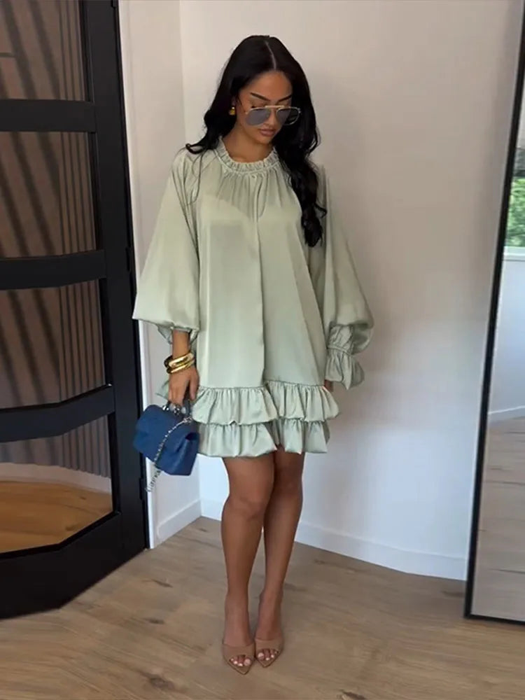 Fashion Ruffled Mini Dress for Women Elegant Long Puff Sleeve O Neck Short Dresses 2026 Summer New Lady Solid Loose Robe Street
