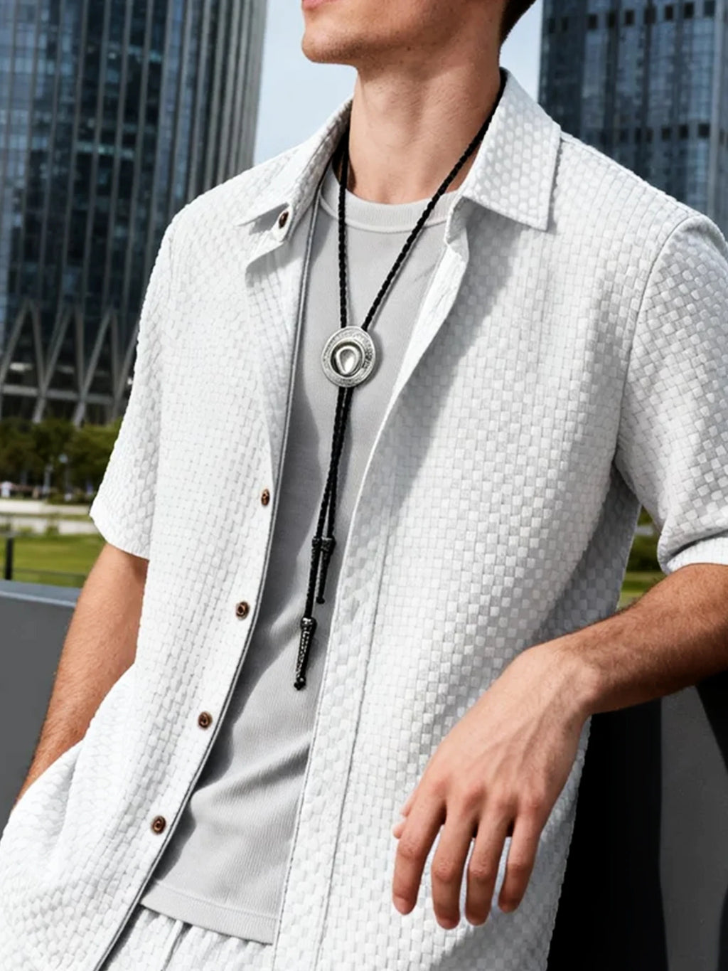 Men's Beach Casual Wear: Bubble Fabric Shirt Set, Loose Fit, Turn-down Collar, Buttoned Cardigan, Men's Cotton Summer Daily Apparel