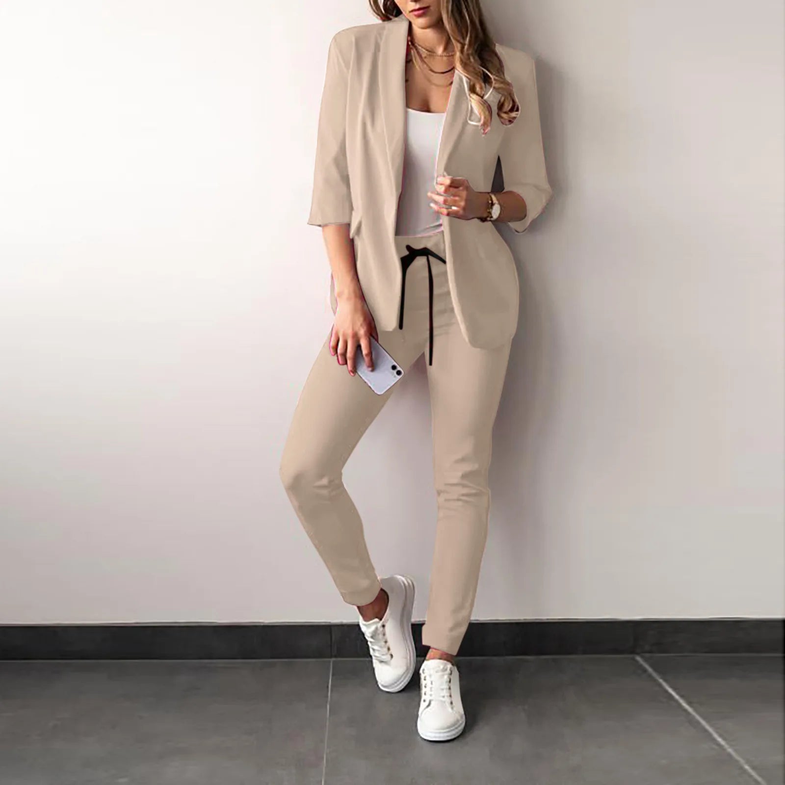 2024 Women's Two Piece Pant Suit Set Outfits Spring Autumn Turn Down Print Blazer Coat Drawstring Pants Suit Women Casual Sets