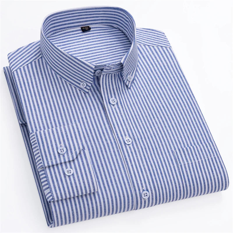 New Cotton Oxford Men's Shirts Long Sleeves Stripe Thin Soft Regular Fit Formal Dress Shirt Pocket Social Blouse Male Clothes