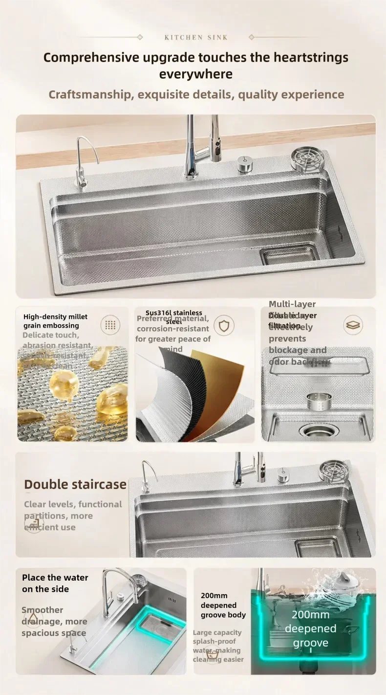 316L Stainless Steel Kitchen Sink Undermount Sinks Antiscratch Rice Granule Embossing Large Single Slot Dish Wash Basin