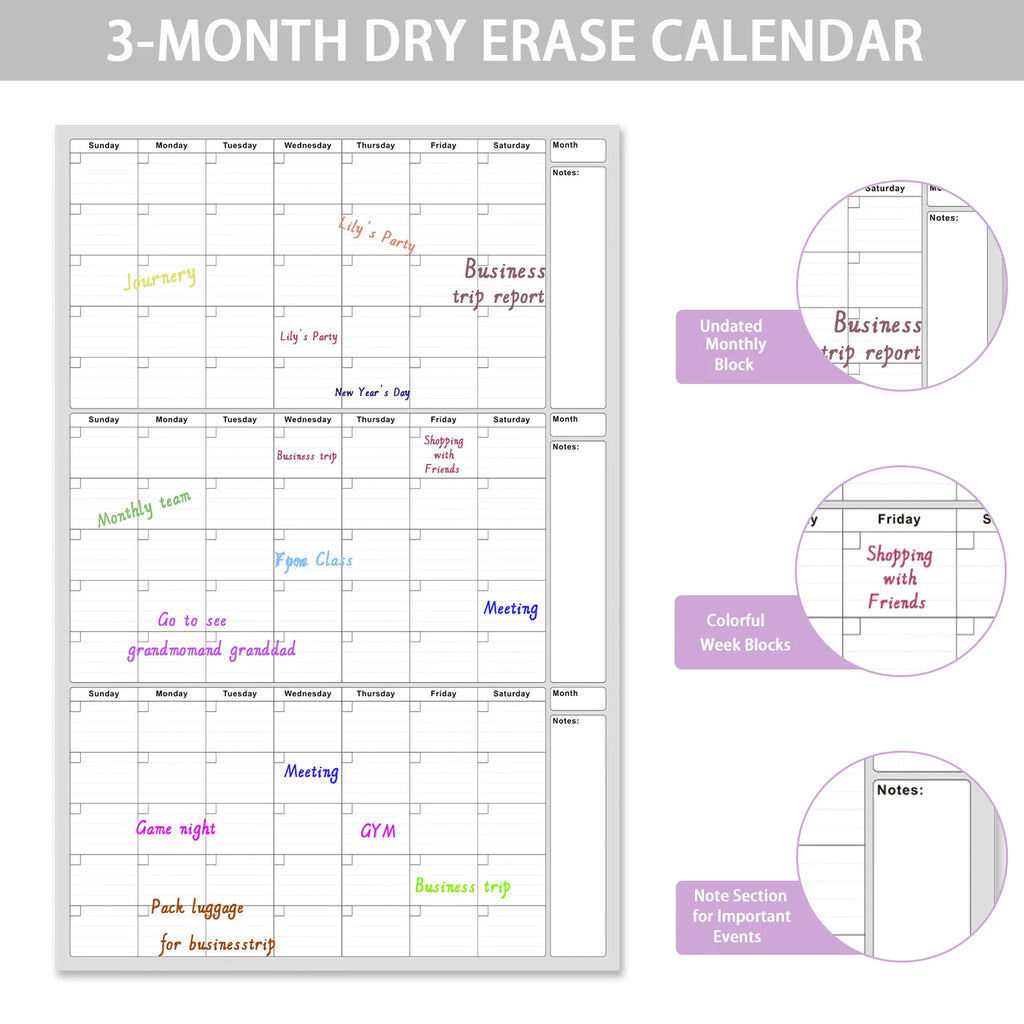 Reusable Whiteboard Calendar 2 Markers Dual Sided Foldable Design 3 Month Planner for Office Home School Erasable Surface Weekly