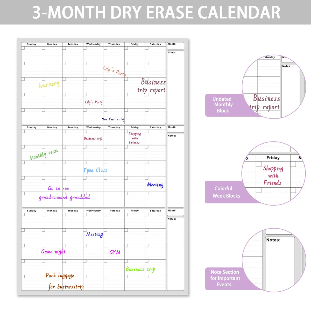 Reusable Whiteboard Calendar 2 Markers Dual Sided Foldable Design 3 Month Planner for Office Home School Erasable Surface Weekly