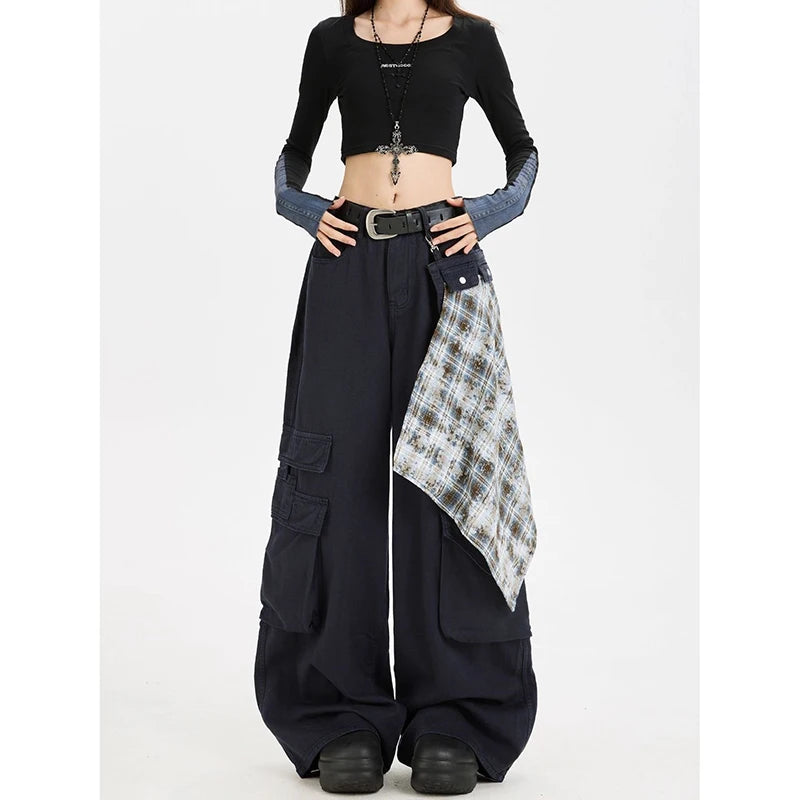 ZHIZOU Women Black Baggy Y2k Cargo Jeans Japanese 2000s Style High Waist Jean Pants Vintage Harajuku Oversize Denim Trousers