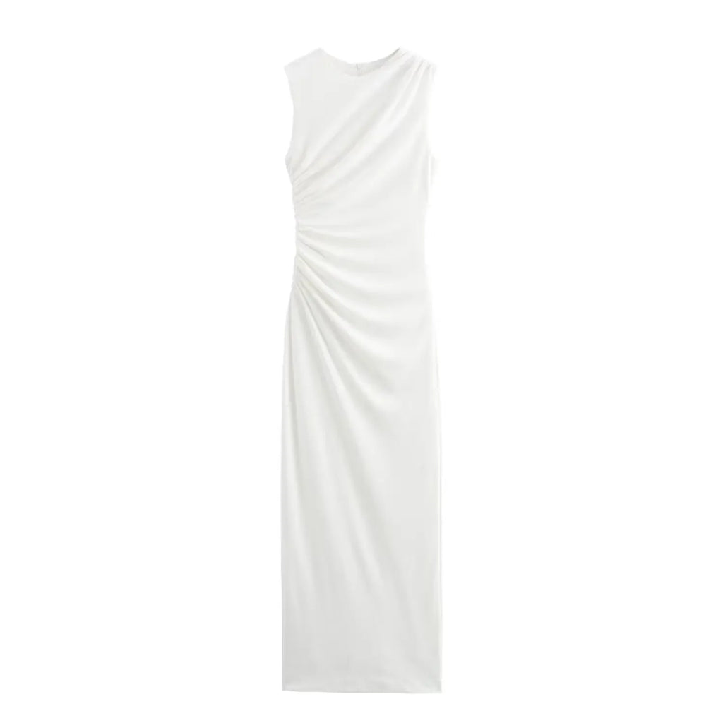 BSAY Women Fashion Summer New White Pleated Back Zip Sleeveless Crewneck Vest Long Dress Chic Female Elegant Evening