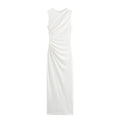 BSAY Women Fashion Summer New White Pleated Back Zip Sleeveless Crewneck Vest Long Dress Chic Female Elegant Evening