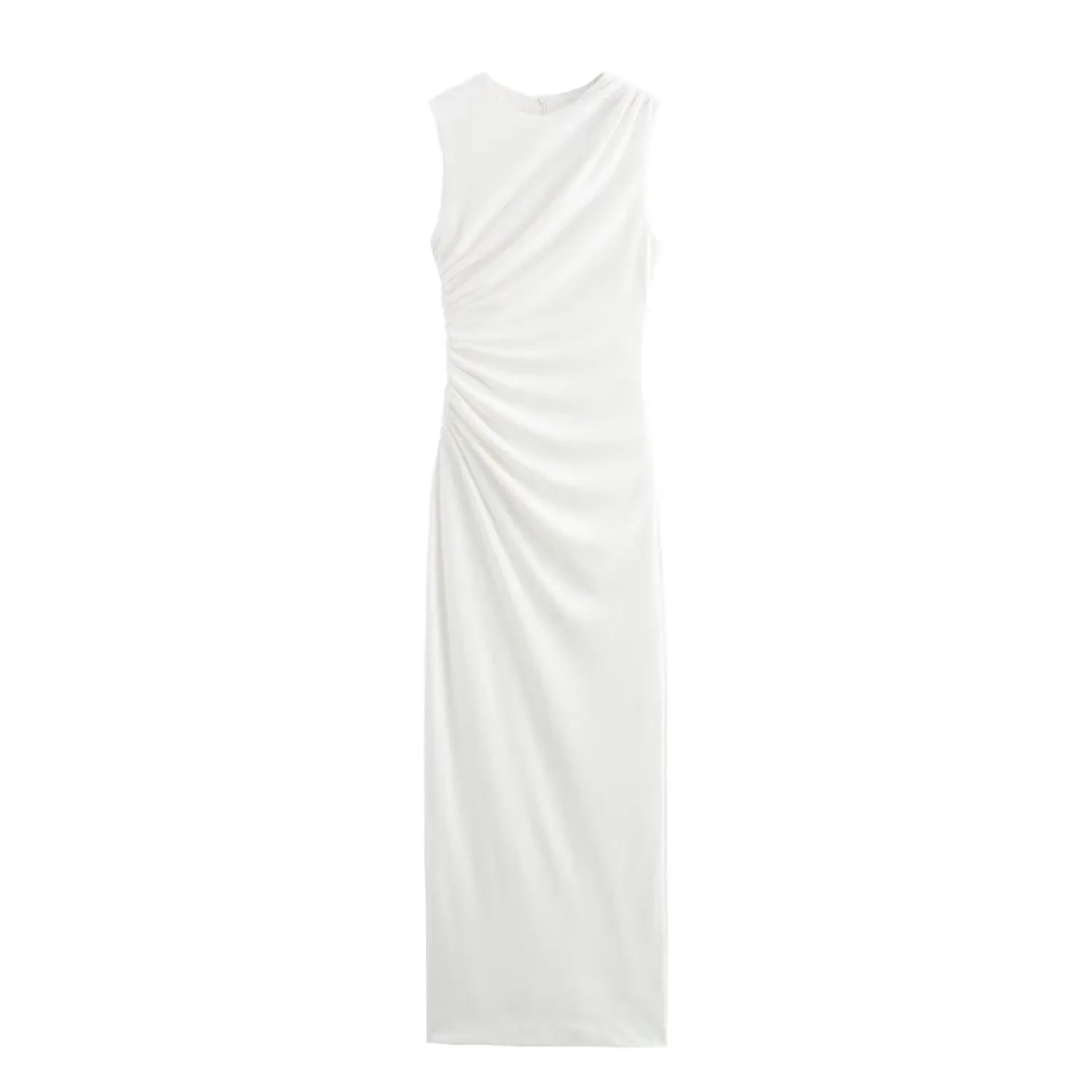 BSAY Women Fashion Summer New White Pleated Back Zip Sleeveless Crewneck Vest Long Dress Chic Female Elegant Evening