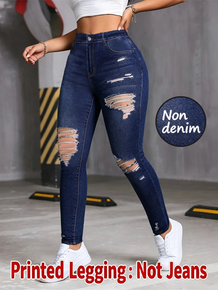 Women Printed Leggings Not Denim Fabric, Fake Pocket & Button Print Design Pants, High Elastic Fashion Slim Fit Skinny Casual