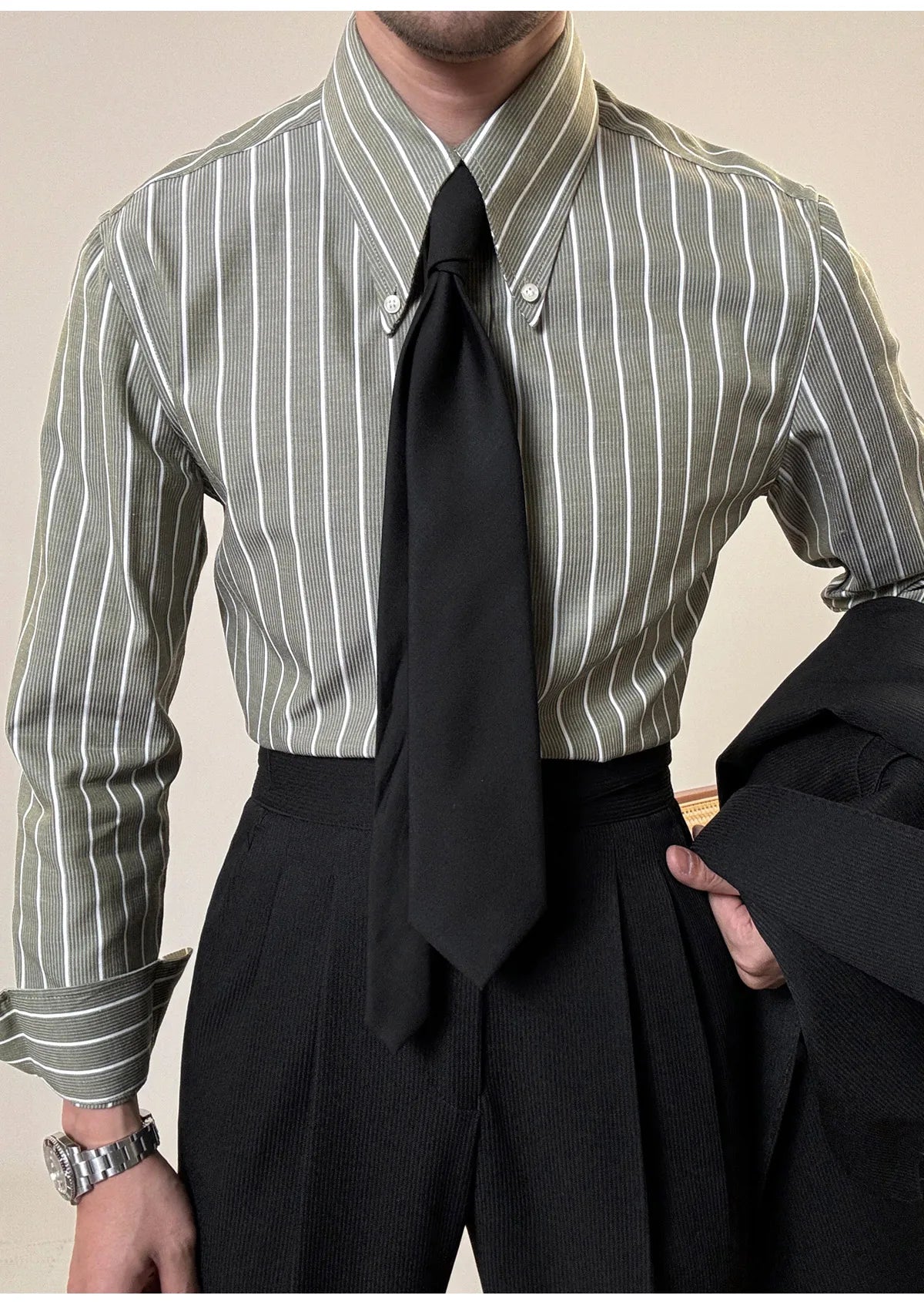 Anti-wrinkle Tianshan Cotton Italian Long Point Collar White Striped Shirt Men's Long Sleeve Casual Business Shirt
