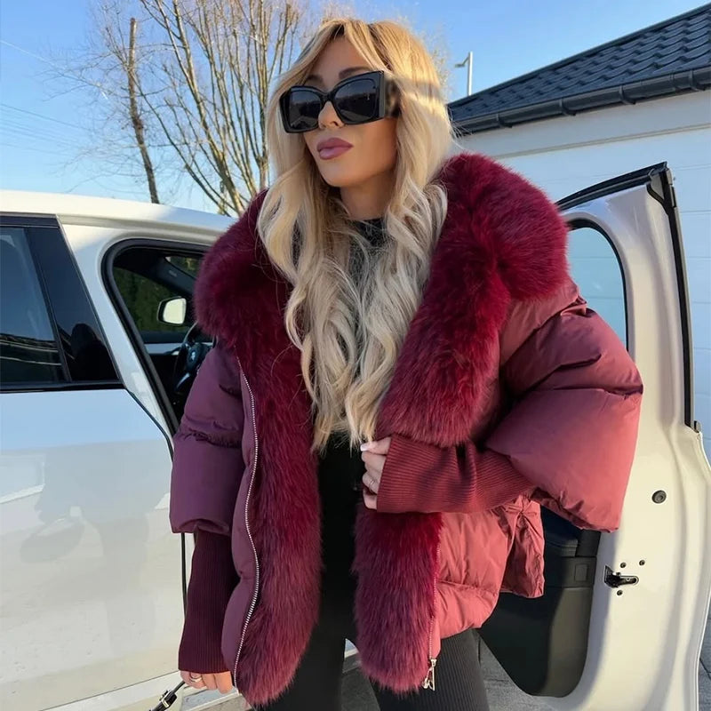Fashion Women's Faux Fur Hooded Winter Jackets 2025 Warm Patchwork Zipper Full Sleeve Coats Puffer Female Solid Down Jacket