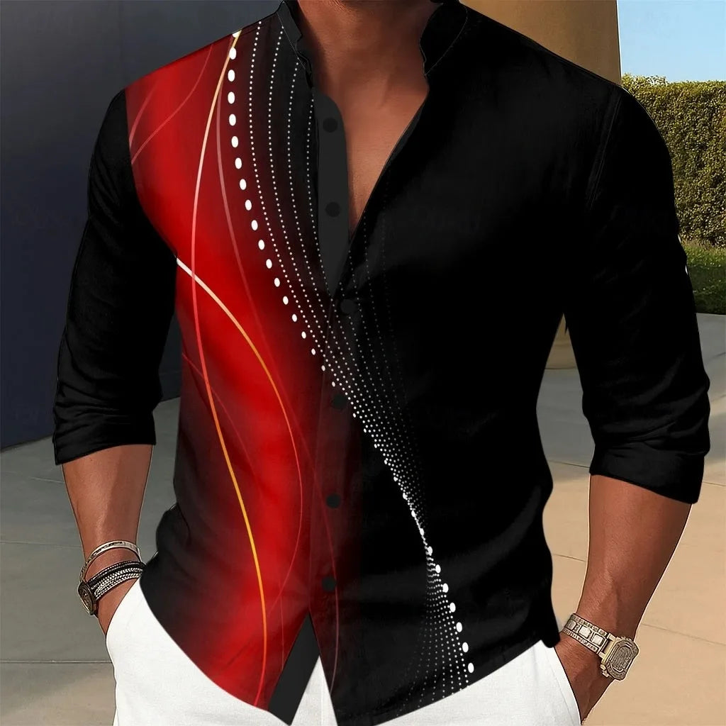 New men's geometric gradient line satin shirt, fashionable casual vacation day wear, lapel 3D printed button up shirt
