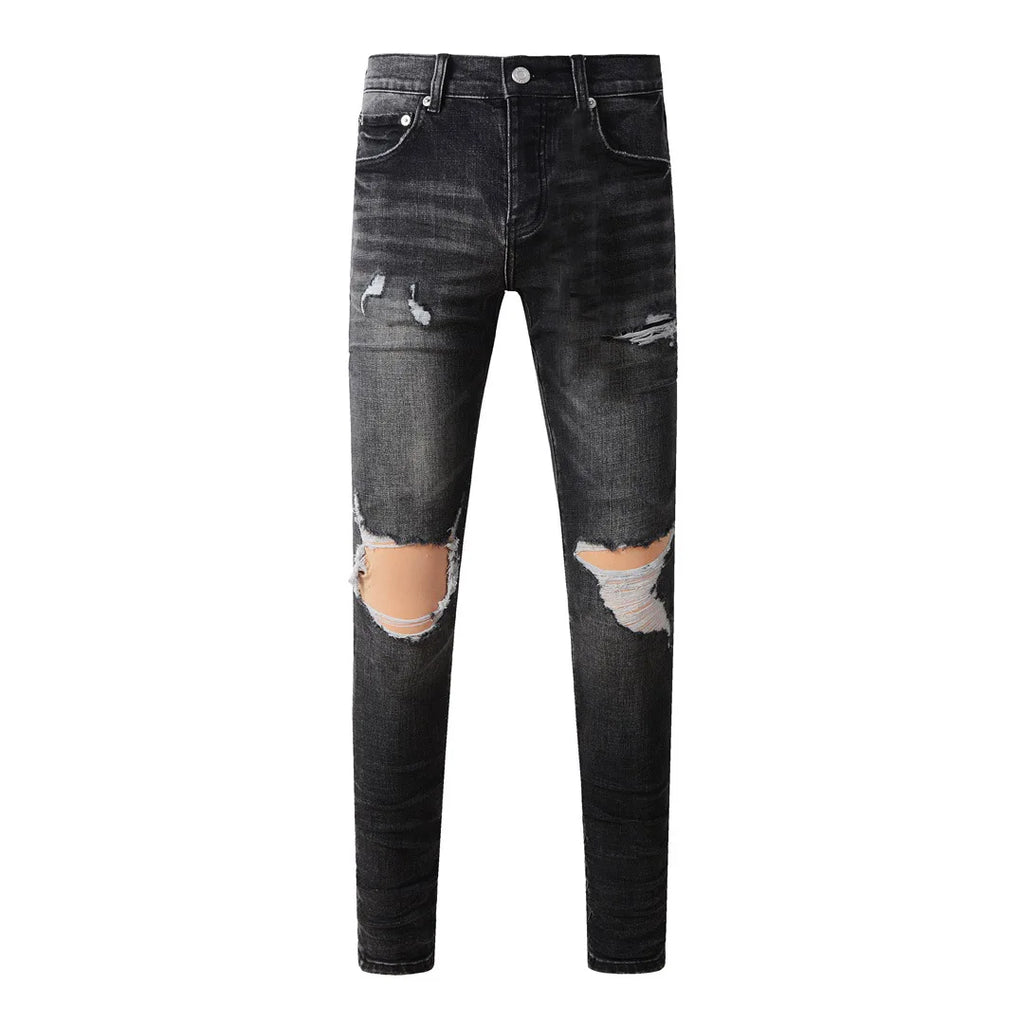 High Street American Distressed Men's Jeans Fashion Brand Coated Blank Stretch Skinny Button Fly Ripped Pants Trousers