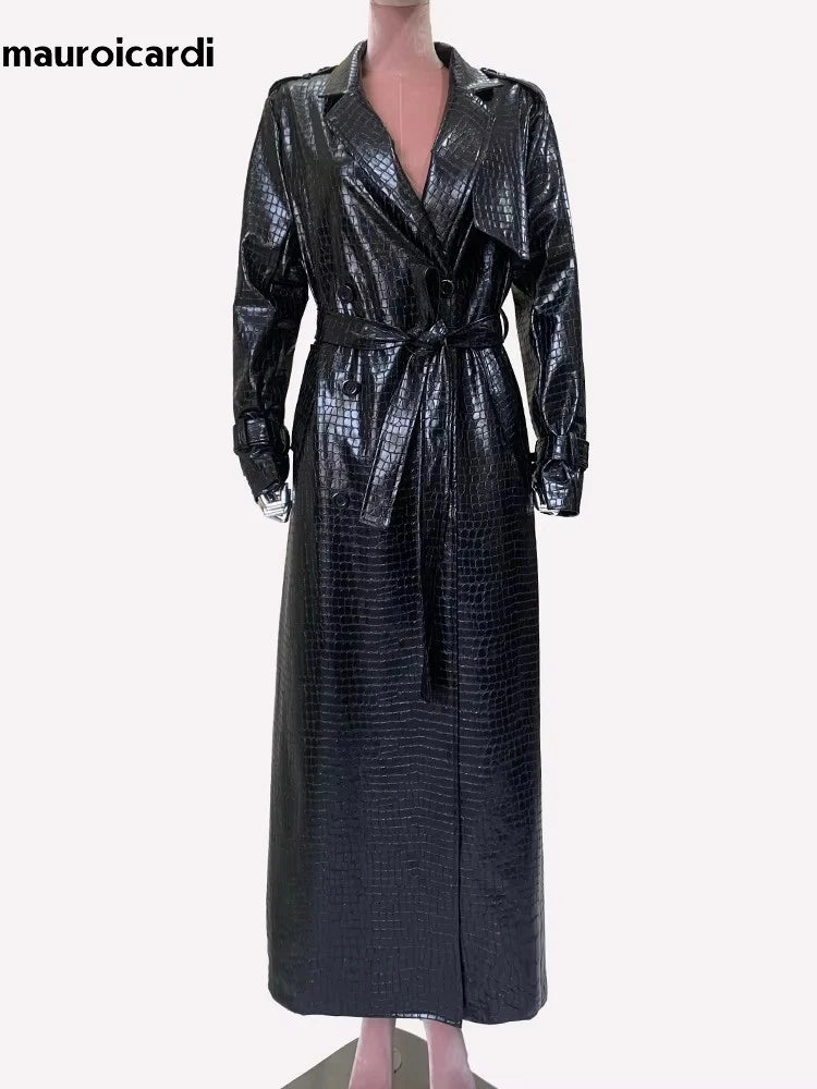 Mauroicardi Spring Autumn Extra Long Shiny Reflective Crocodile Print Pu Leather Trench Coat for Women Luxury Designer Clothes