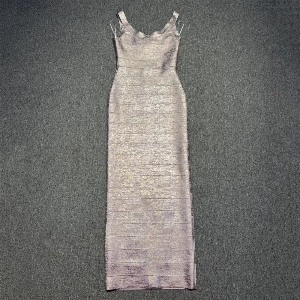 Fashionable Hot Stamping Women Spaghetti Strap Bandage Dress Celebrity Party Maxi Dresses