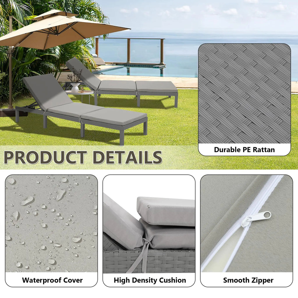 Outdoor Rattan Chaise Loungers with Adjustable Cushion Backrest Pool Terrace Deck