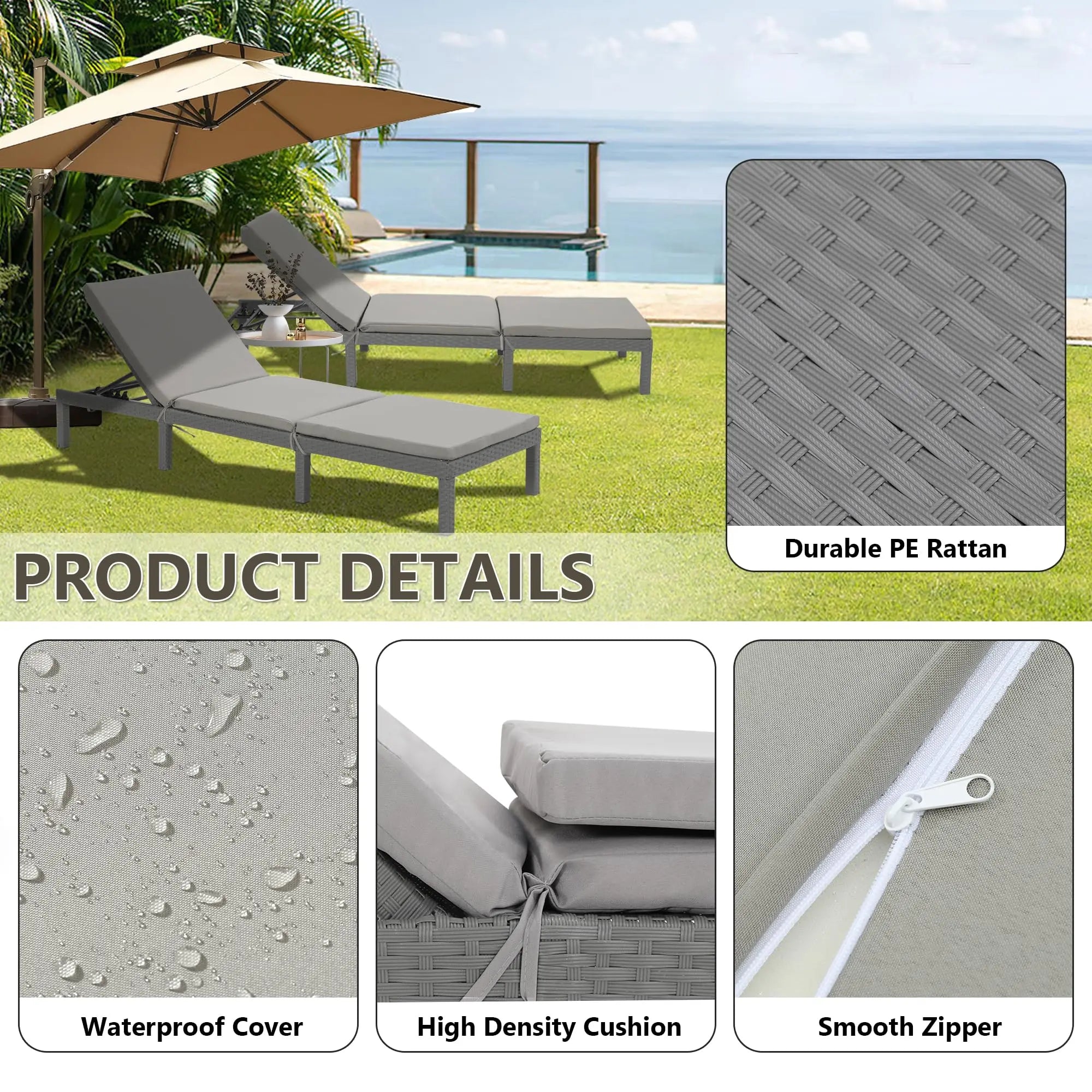 Outdoor Rattan Chaise Loungers with Adjustable Cushion Backrest Pool Terrace Deck