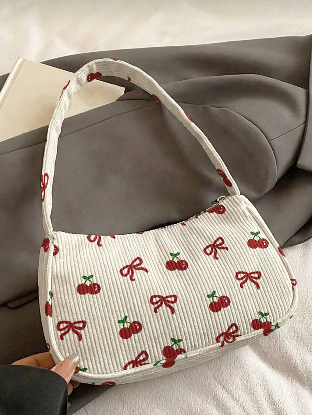 Trendy Cherry & Bow Print Shoulder Bag, Beige Corduroy Underarm Bag for Daily Casual Use