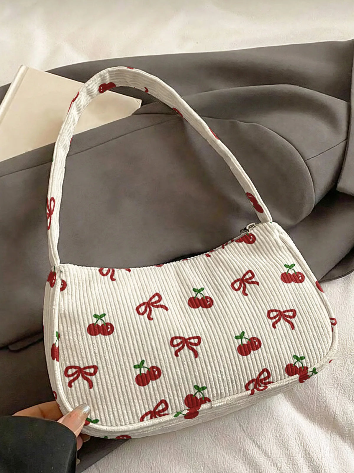 Trendy Cherry & Bow Print Shoulder Bag, Beige Corduroy Underarm Bag for Daily Casual Use