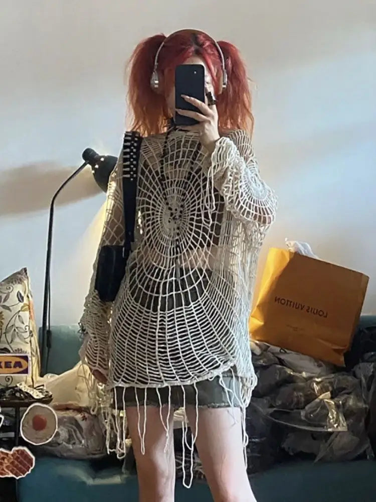 JOEVILU Hollow Knit Hooded Tops Women's Goth Spider Web Sweaters Female Korean Fashion Fishing Net Blouses Babes Mesh Pullovers