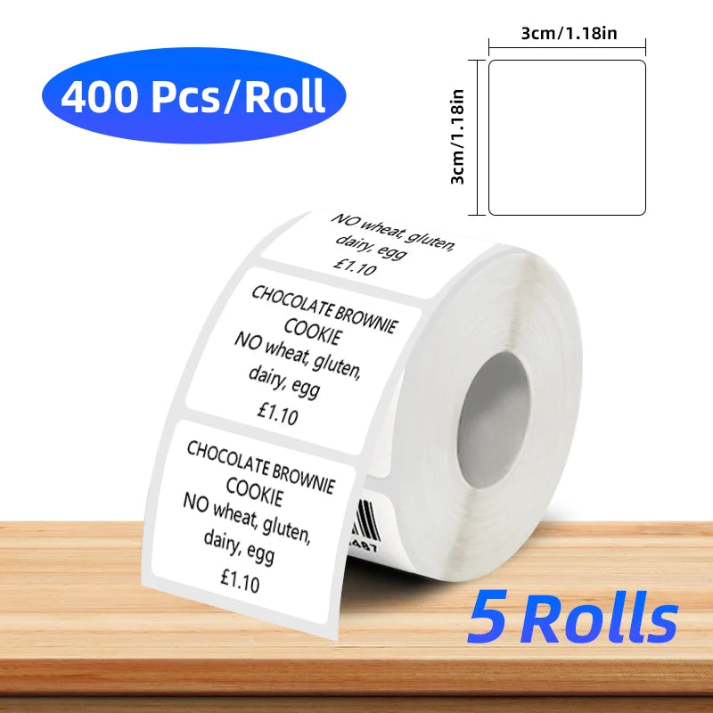 5 Rolls of Thermal Label Paper, Coreless White Self-Adhesive Waterproof Stickers, Suitable for Portable Handheld Printers - for Barcodes, Addresses, Shipping, Corporate Offices, Commercial and Home Labels 30*20mm 30*30 40*20