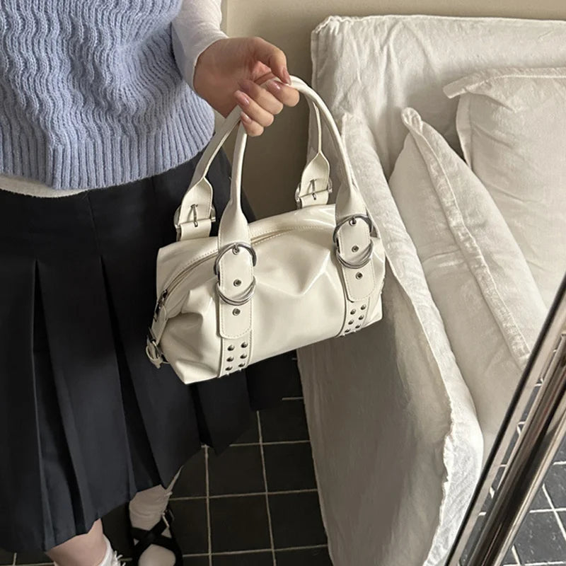 Vintage Style PU Leather Women Shoulder Bag Large Capacity High Quality Fashion Rivet Handbag Daily Use Y2K Motorcycle Bag