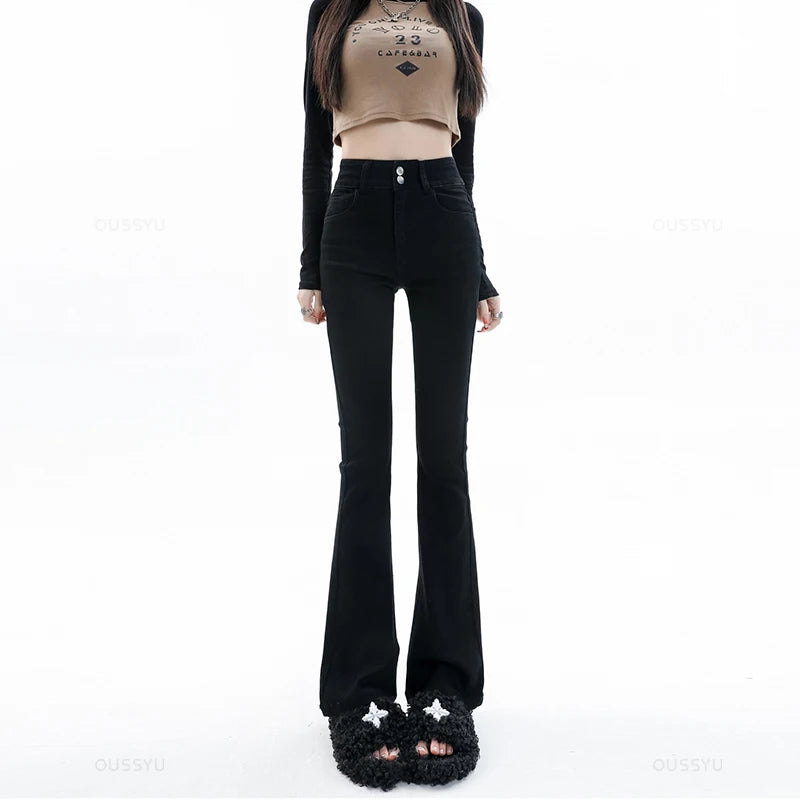 Women Jeans Cotton Denim Flared Pants Elastic Force Vintage Streetwear High Waist Slim Mom Harajuku Trousers Plus Length