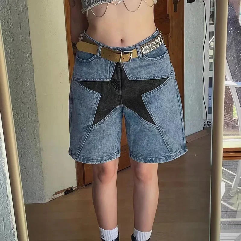 Women's Denim Pant Street Trend Loose Collision Colour Pentagram Appliqué Denim Middle Trousers High Waisted Jeans Pants