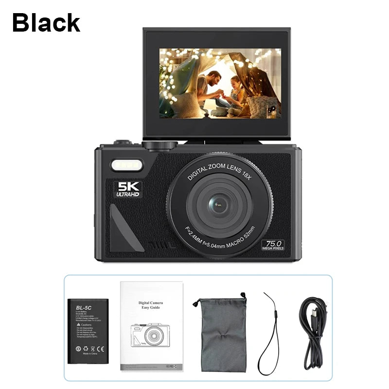 HD 5K Portable Digital Camera 75MP Flip Screen For VLOG Girls Kid Adult Beginners Selfie Camcorder Photography Digital Camera