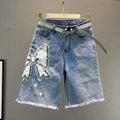 Ladies' Beaded and Sequined Denim Cropped Pants, New Summer Style, Raw-edge Straight-cut, Slim-fitting, Versatile Shorts