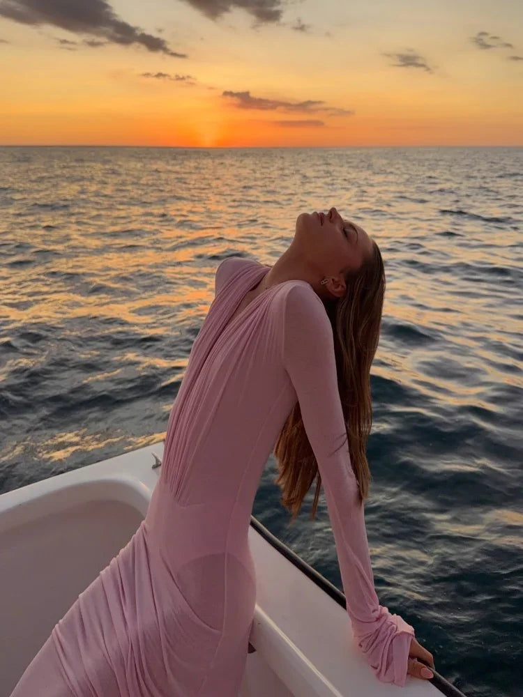 Luxury See Through Mesh Bodycon Maxi Dress For Women Lady Long Flared Cuff Deep V Neck Pleated Beach Holiday Evening Party Gown