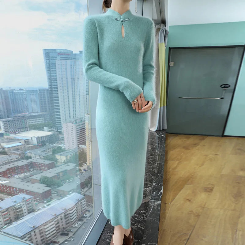Women' 100%Pure Mink Cashmere Dress Stand-Up Collar Buckle Slim Knit Long Skirt Fashion High Waist Over The Knee Bottoming Dress