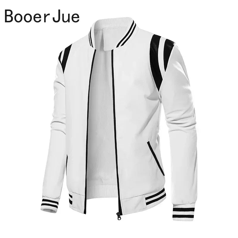 Motorcycle Men Leather Jacket Patchwork Biker Coat Motorcycle Jackets Mens Winter Casual Fleece Warm Coats Stripe Loose Outwear